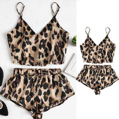 V-Neck Crop Top Drawstring Wide Leg Shorts Leopard Printed Loungewear