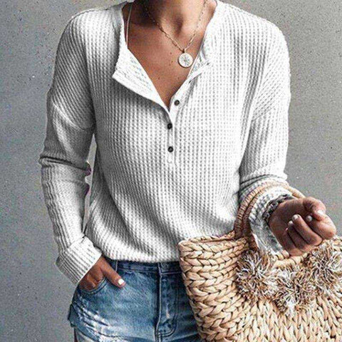 Image of Women Fashion V-neck Solid Color Knitted Long Sleeve T-shirt Fall Clothes