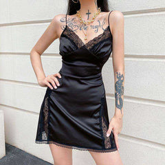 Women's Satin Lace Patchwork Backless V Neck  Mini Side Split Black Dress