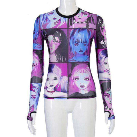 E-girl Cartoon Face Graphic Transparent Patchwork O-neck Long Sleeve T-shirts with Gloves