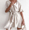 Solid Cotton Linen  Short Sleeve V Neck Mini A-line Summer Dress