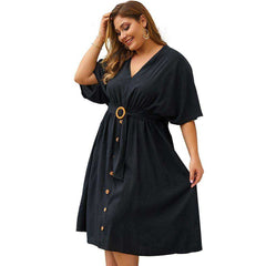 Women Autumn Plus Size 4XL V Neck Pure Color Full Sleeve Dress