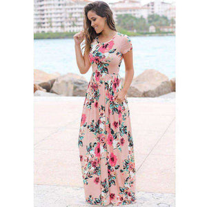 Women's Long Short Sleeve Bohemian Floral Printed Maxi Long Dress