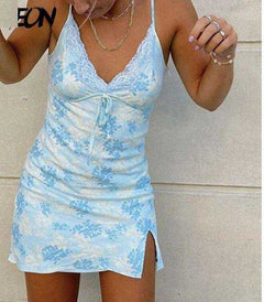 Fashion Spaghetti Strap Lace V Slit Cami Dresses