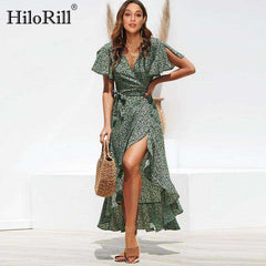 Summer Beach Maxi Floral Print Boho Long Ruffles Wrap Casual V-Neck Dress Women
