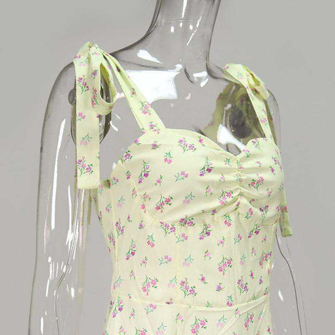 Image of Yellow Print Summer Sleeveless Tie Up Bow Strap Elegant Midi Side Split Floral Dress