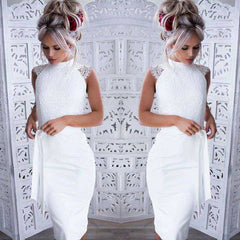 White Lace Slim Pencil O-Neck Women Midi Dress
