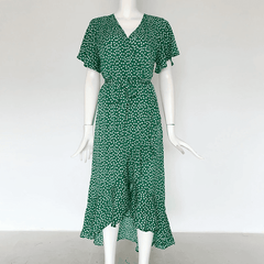 Summer Beach Maxi Floral Print Boho Long Ruffles Wrap Casual V-Neck Dress Women