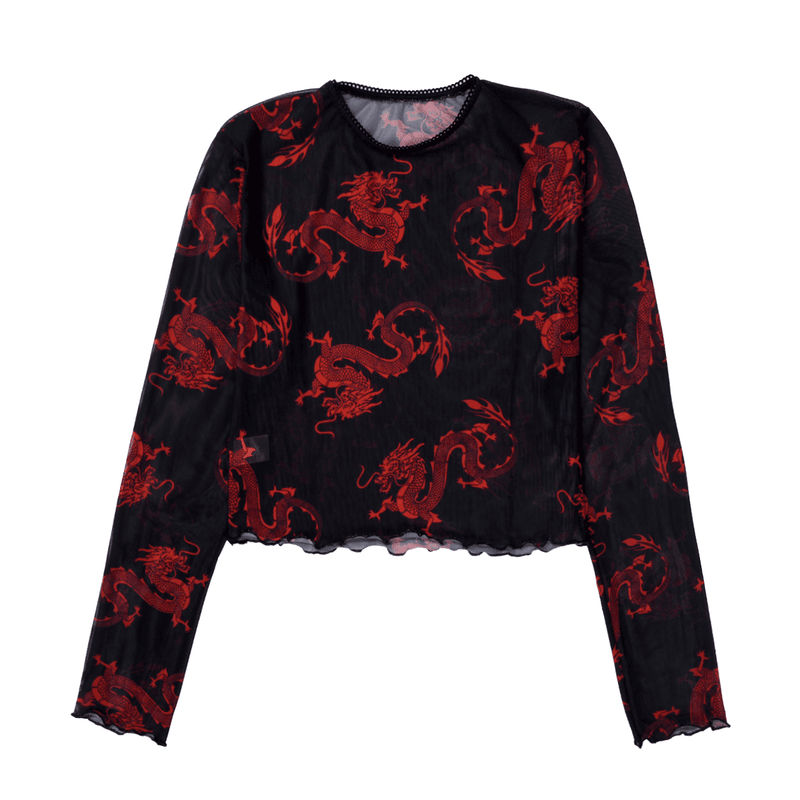 New Fashion Casual O-neck Mesh Dragon Print Long Sleeve Tee Shirts Women