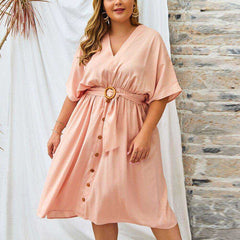 Women Autumn Plus Size 4XL V Neck Pure Color Full Sleeve Dress