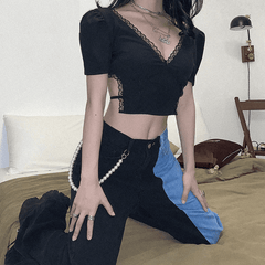 Sexy Bodycon Lace Black Backless Mesh Bandage Women Summer Crop Tops