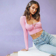 Women's Elastic Party Sweet Bandage Long Sleeve Cropped Shirt