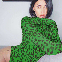 Red Leopard Print Turtleneck Bodysuit with Gloves Autumn Skinny Body Long Sleeve