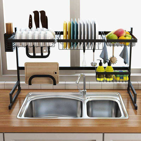 Image of Stainless steel 65 / 85cm black U-shaped kitchen dish rack holder storage