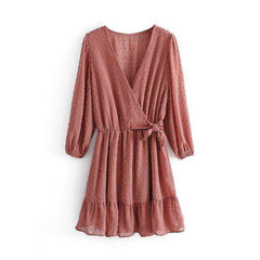 Women Three Quarter Sleeve Ruffles Lace Mini Chiffon Dress