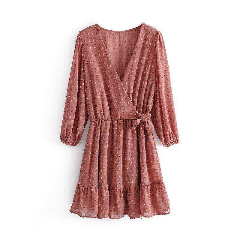 Women Three Quarter Sleeve Ruffles Lace Mini Chiffon Dress