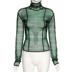 Women Turtleneck Long Sleeve Mesh Transparent Top Sexy Patchwork T Shirt