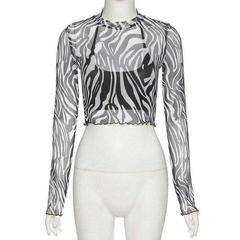 Image of Women Turtleneck Long Sleeve Mesh Transparent Top Sexy Patchwork T Shirt