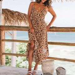 Leopard Dress Sleeveless Ruffled High Waist V Neck For Women