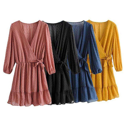 Image of Women Three Quarter Sleeve Ruffles Lace Mini Chiffon Dress