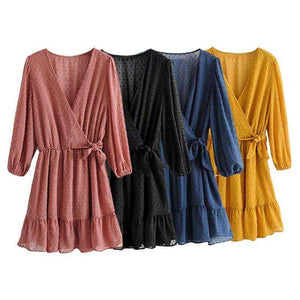 Women Three Quarter Sleeve Ruffles Lace Mini Chiffon Dress