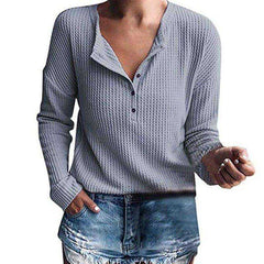 Women Fashion V-neck Solid Color Knitted Long Sleeve T-shirt Fall Clothes