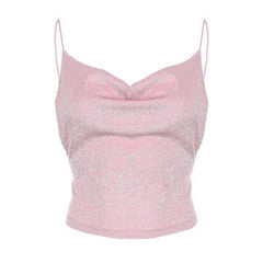 Tops Loose Spaghetti Straps Glitter backless female T-shirt