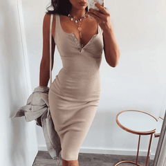 Knitted Elastic V-Neck Button Sleeveless Knee-Length Slim Dress