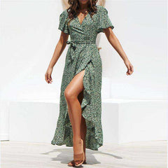 Summer Beach Maxi Floral Print Boho Long Ruffles Wrap Casual V-Neck Dress Women