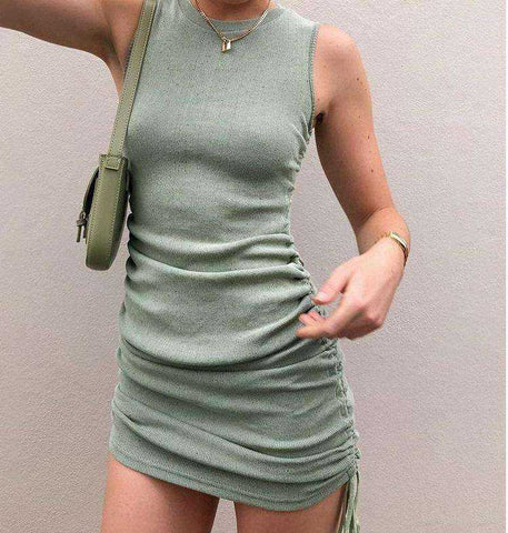 Image of Women Cotton Ruched Drawstring Party Sleeveless Elastic Mini Dress