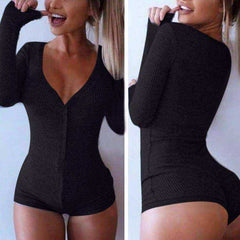 V Neck Cotton Bodysuit Long Sleeve Knitted Body Jumpsuit For Women