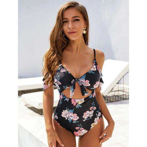 Image of Sexy Black Floral Front Tie High Waist Off Shoulder Swimsuit Monokini One Piece