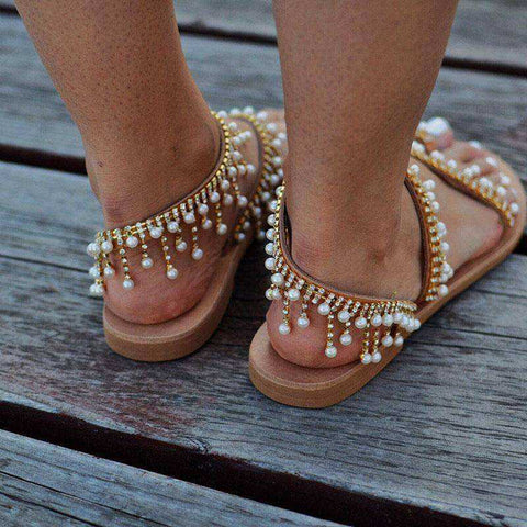 Image of Women Vintage Pearl Boho Flat Sandals String Bead