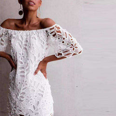 Women's Lace Crochet Boat Neck Off Shoulder Short Sleeve White Dress