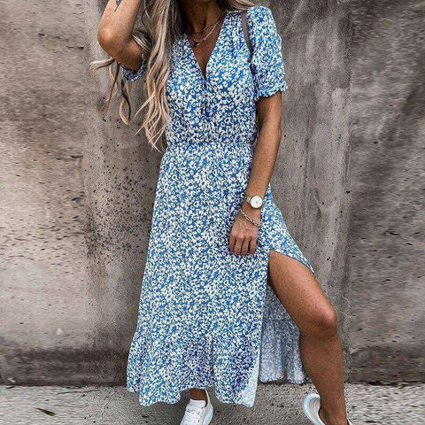 Image of Summer Sexy Fashion Slim Button V Neck Elegant Gorgeous Floral Print A-Line Short Sleeve Slit Long Dress