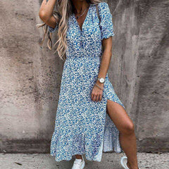 Summer Sexy Fashion Slim Button V Neck Elegant Gorgeous Floral Print A-Line Short Sleeve Slit Long Dress