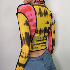 Women Turtleneck Long Sleeve Mesh Transparent Top Sexy Patchwork T Shirt