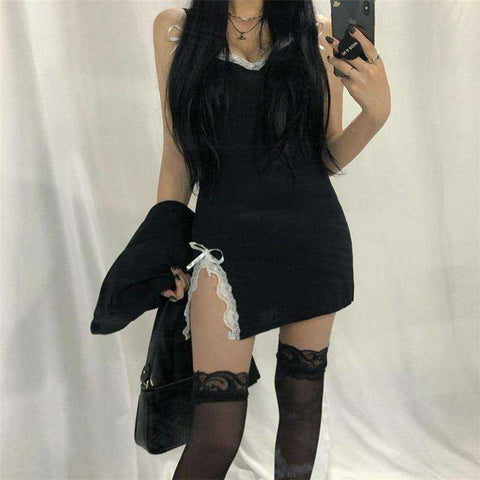 Image of Sexy Lace Patchwork Black Mini Gothic Streetwear Slit Dress