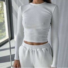 O Neck Ribbed Long Sleeve Tees Shirt Sexy Cropped Women