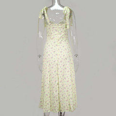 Yellow Print Summer Sleeveless Tie Up Bow Strap Elegant Midi Side Split Floral Dress