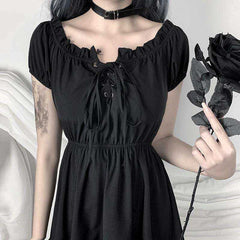 Sexy Gothic High Waist Off Shoulder Solid Black Casual Dress