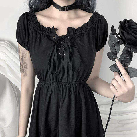 Image of Sexy Gothic High Waist Off Shoulder Solid Black Casual Dress
