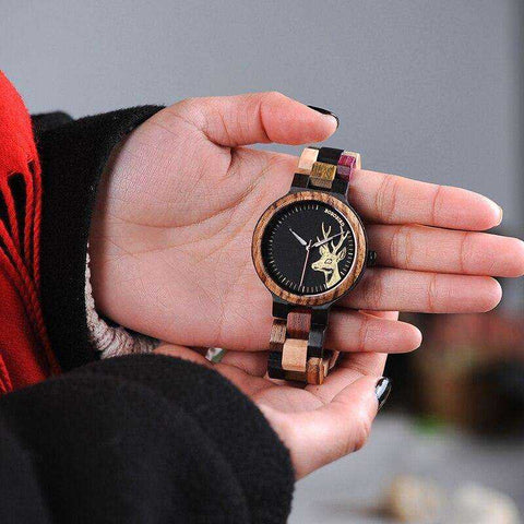 Image of Lovers' Casual Quartz Elk Design Natural Wooden Watches with Mixed Colorful Wood Band