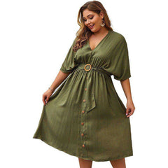 Women Autumn Plus Size 4XL V Neck Pure Color Full Sleeve Dress