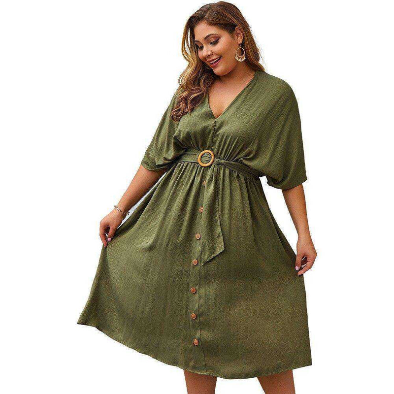 Women Autumn Plus Size 4XL V Neck Pure Color Full Sleeve Dress