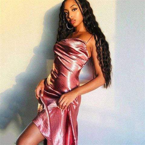 Image of Metallic Satin Backless Straps Long Dress