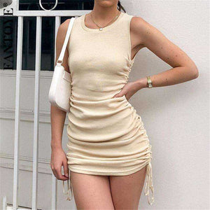 Women Cotton Ruched Drawstring Party Sleeveless Elastic Mini Dress