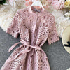 Women Elegant Hollow Out Lace Dress Solid O-Neck Button up Sashes