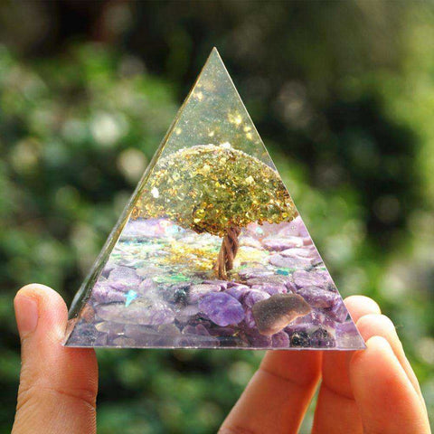 Image of Tree of Life Pyramid Orgone Peridot With Charoite Natural Crystal Stones