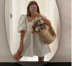 Sweet White Loose Backless Low Cut Puff Sleeve Mini Dress